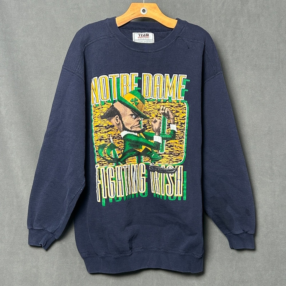 Vtg 90s Notre Dame Fighting Irish Graphic Sweatshirt Navy Blue Mens XL NCAA